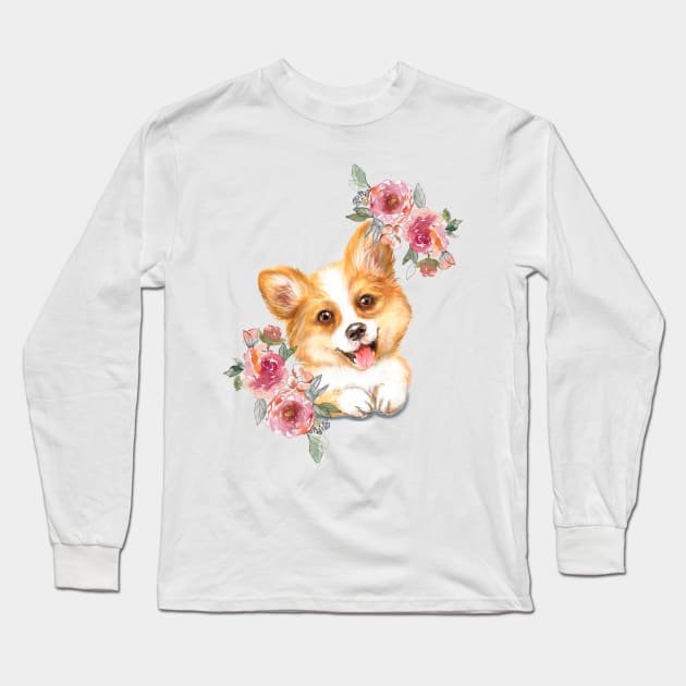 Cute Corgi Puppy Dog Watercolor Art Long Sleeve T-Shirt by AdrianaHolmesArt